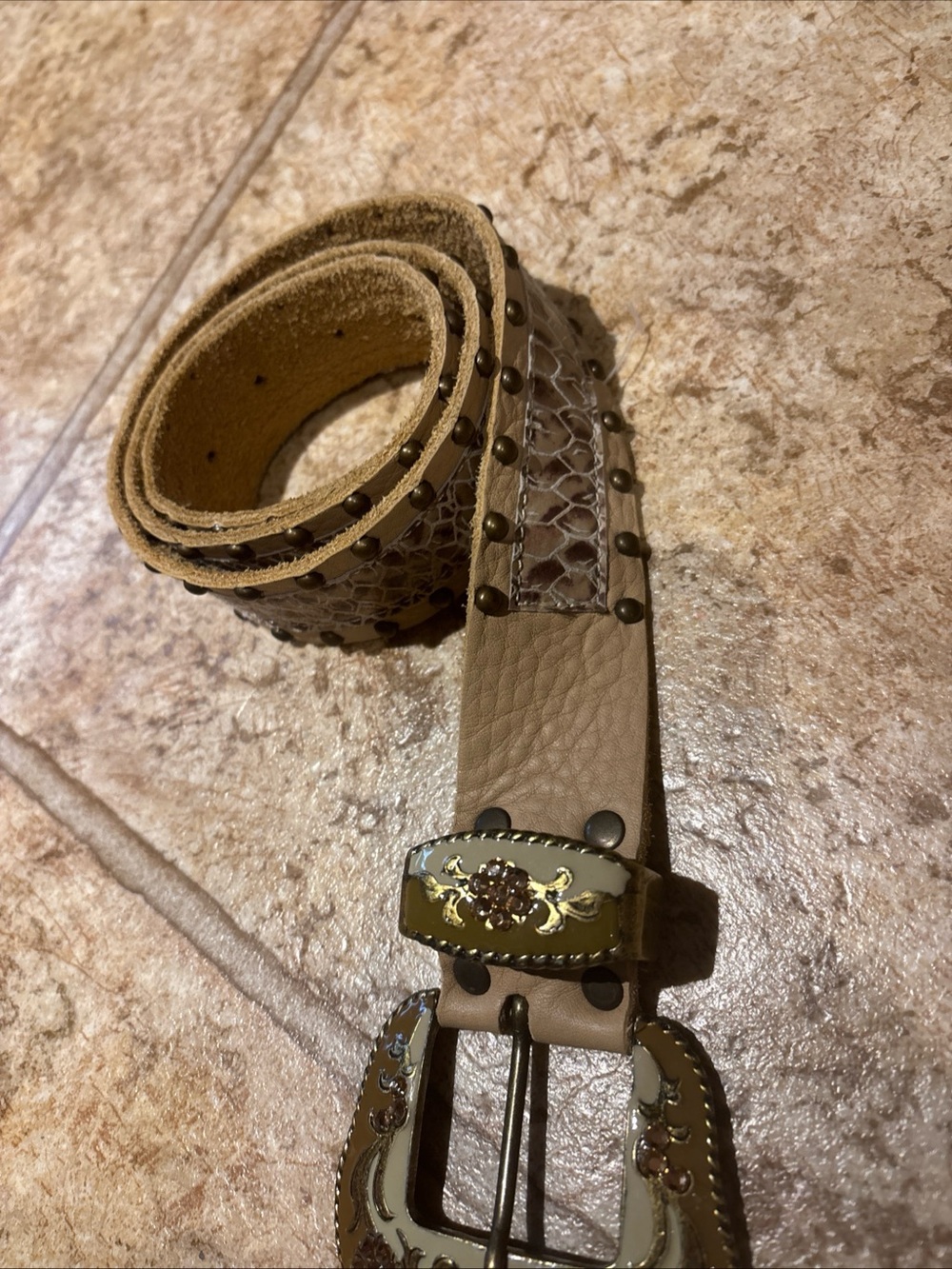 Cache Tan Embossed Leather Belt with Studded Detail